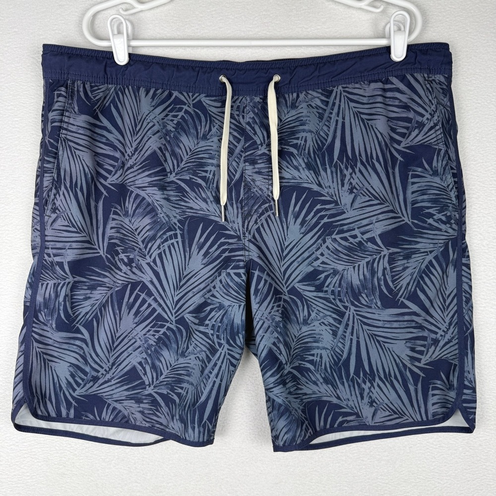 Fair Harbor The Anchor Swim Trunks Mens L Navy Blue Palm Print Lined Board Short